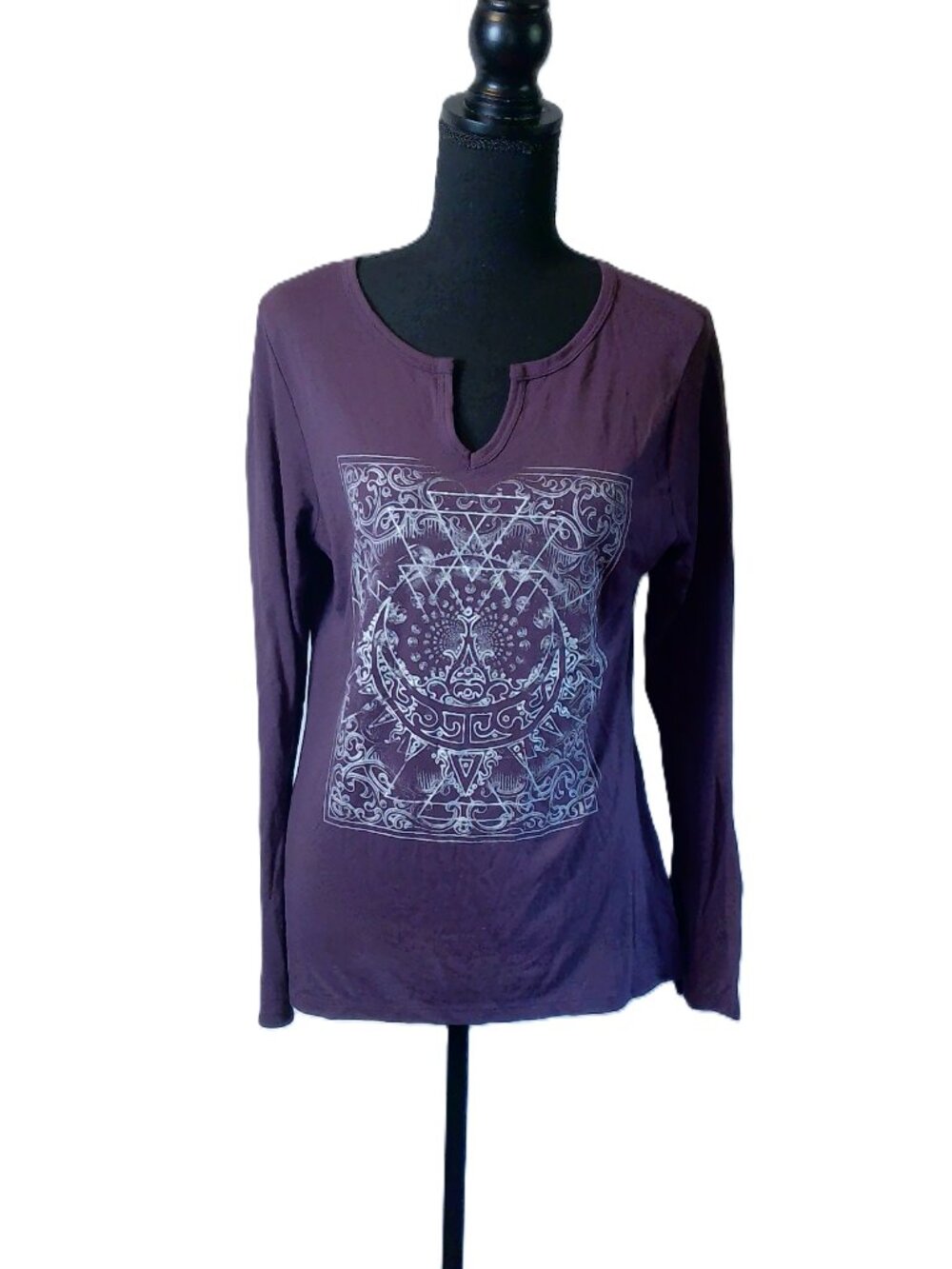 Hanes Live Love Comfort Purple Graphic Long Sleeve Notch Neck Top Size L